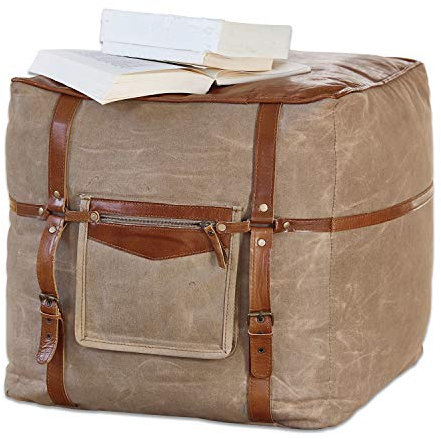 Loberon Hocker Edwin, Gemütlicher Sitzwürfel, Seitentasche mit Reißverschluss, Sitzgelegenheit, Sitzmöbel, Baumwolle, Ziegenleder, Khaki/braun