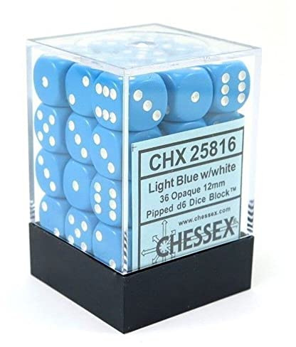 Chessex Opaque 12mm d6 Light Blue w/White Dice Block - Set of 36