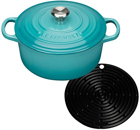 Le Creuset Signature Cast Iron Round Casserole, 24 cm - Teal with Cooling Tool