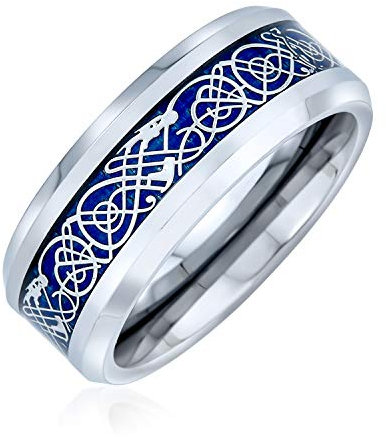 Bling Jewelry Blau Silberton Keltischen Knoten Drachen Inlay Paare Titan Eheringe Für Männer Für Frauen Kompfort Fit 8Mm
