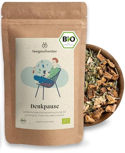 teegeschwister® | Denkpause Bio-Tee | Natürlicher Mate-Tee mit Guarana & Ingwer | Perfekt zum Lernen & Studieren | Energie durch natürliches Koffein | Geschenkidee für Studenten & Schüler | 100g