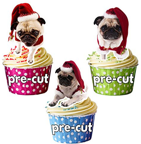 AK Giftshop Pugs in Santa Hats 12 Christmas Cup Cake Toppers - Edible Stand Up Decorations