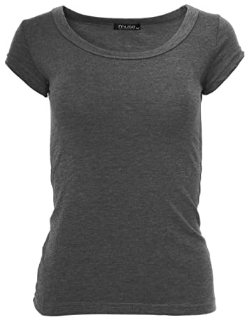 Easy Young Fashion - Damen Basic Rundhals T-Shirt - Kurzarm Unterziehshirt Skinny Fit 1001 - Dunkelgrau M