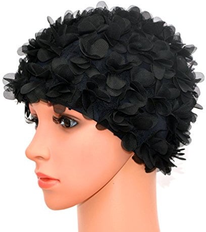 Medifier, cuffia da donna stile rétro con petali, motivo floreale, da piscina, Black