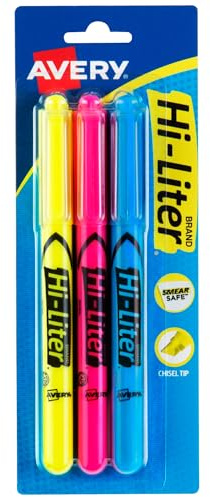 Avery Hi-Liter Pen-Style Highlighters, Smear Safe Ink, Chisel Tip, 3 Assorted Color Highlighters (25860)