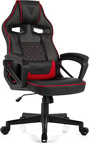 SENSE7 Gaming Stuhl Knight, ergonomischer Gaming Sessel mit verstellbaren Lendenkissen, Gaming Chair mit Wippfunktion, Gepolsterte Armlehnen, PU-Leder Bürostuhl bis 120kg, PC Stuhl Schwarz-Rot