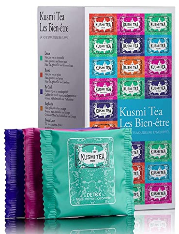 Kusmi Tea Wellness Tee Set - Sortiment Aromatisierter Tees und Aufgüsse - Detox Tee, BB Detox, Boost, Sweet Love, Be Cool - 24 Einzeln Verpackte Musselin Teebeutel