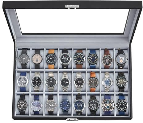 SONGMICS Uhrenbox für 24 Uhren, großes Uhrenkasten, Glasoberfläche, schwarz, Kunstleder, UJWB024