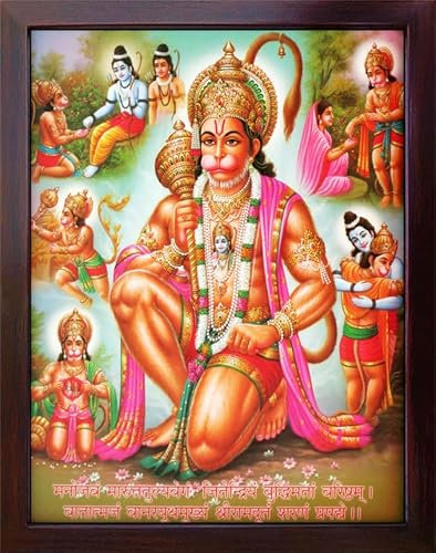 SANVIKA Lord Hanumna in verschiedenen Haltungen beim RAM Banvas, Ein heiliger Hindu Religiöses Poster Malerei mit Rahmen für Kult