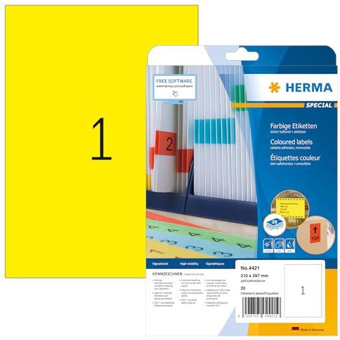 HERMA 4421 Farbige Etiketten gelb ablösbar, 640 Blatt, 210 x 297 mm, 1 pro A4 Bogen, 640 Stück, selbstklebend, bedruckbar, matt, blanko Papier Farbetiketten Aufkleber