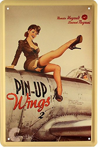 WOGEKA ART Retro Blechschild Nice Nostalgie Strapsmaus Army Pin Up Girl auf Flugzeug witziger Spruch als Geschenk-Idee zum Geburtstag Weihnachten zur Dekoration 20x30 cm Vintage-Design aus Metall 22