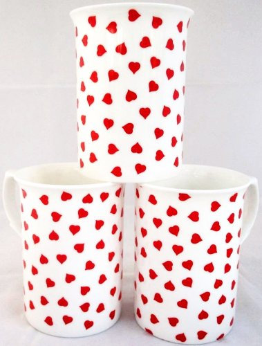 fromeuropewithlove Love Hearts Mugs Set of Six Fine Bone China Red Hearts Mugs Hand Decorated in the U.K.