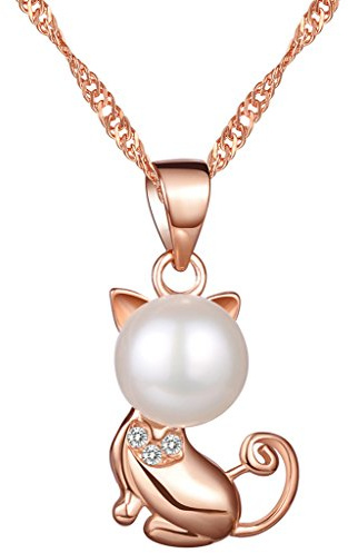 Yumilok pendentif collier de perle en 925 argent et zircon le chaton aimable pour femme fille couleur d'or rose