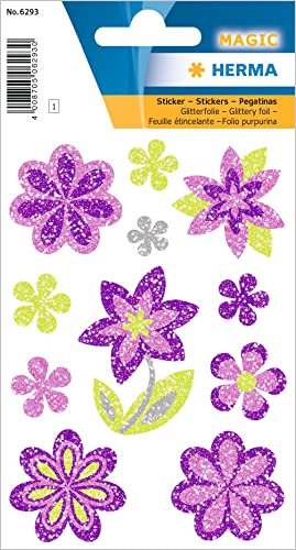 HERMA 6293 Aufkleber Blumen Glitzer klein, 11 Stück, Pflanzen Sticker mit lila Blüten Motiv, Kinder Etiketten für Fotoalbum Tagebuch Poesiealbum Scrapbooking Geburtstag Dekoration Briefe DIY Basteln