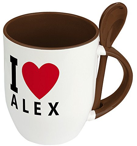 Namenstasse Alex - Löffel-Tasse mit Namens-Motiv I Love Alex - Becher, Kaffeetasse, Kaffeebecher, Mug - Braun