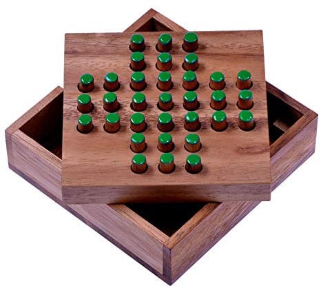 Solitär Gr. S - Solitaire - Steckspiel - Denkspiel - Knobelspiel - Geduldspiel - Logikspiel aus Holz - grüne Stecker