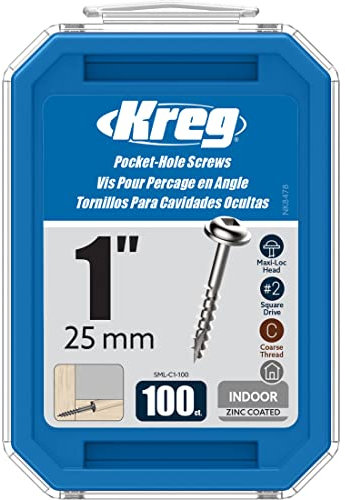 Vis en zinc de haute qualité KREG – Longueur 25 mm, filet grossier, boîte de 100 pièces – Parfaites pour les projets en bois d’intérieur