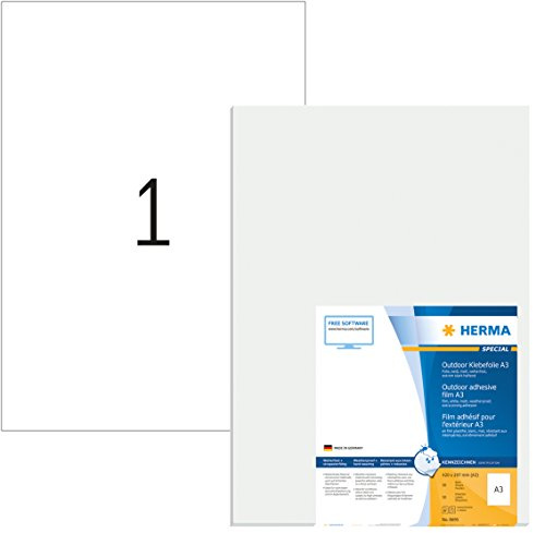 HERMA 8695 Wetterfeste Folien-Etiketten DIN A3 (297 x 420 mm, 40 Blatt, Polyethylen, matt) selbstklebend, bedruckbar, extrem stark haftende Outdoor Klebefolie, 40 Klebeetiketten, weiß