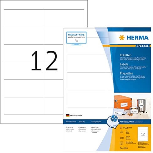 HERMA 4816 Adressetiketten für Inkjet Drucker, 100 Blatt, 97 x 42,3 mm, 12 pro A4 Bogen, 1200 Stück, selbstklebend, bedruckbar, matt, blanko Adressaufkleber Etiketten für Tintenstrahldrucker, weiß