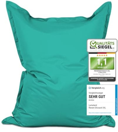 Lumaland Riesen-Sitzsack XXL 140x180 cm | Wasserfestes Indoor & Outdoor Liegekissen mit über 3 Mio. anpassungsfähigen EPS-Perlen | Bean Bag mit waschbarem Bezug [Türkis]
