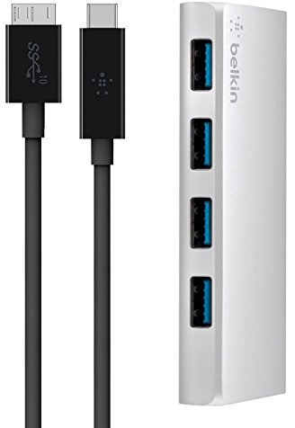 Belkin F4U088vf - Hub USB 3.0 de 4 puertos + cable USB-C (5 Gbps, 900mA por puerto, cable de USB-C a Micro-B de 1 m), plateado