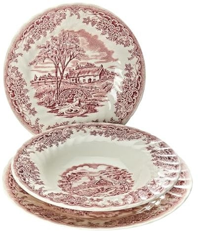 Churchill Earthware Decoro Drookpink - Servicio Platos, Porcelana, Color Blanco/Rojo, 18 Unidades