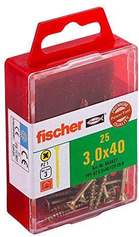 Fischer 653927 Power-Fast Lot de 25 Vis à tête fraisée 3,0 x 40 mm TG PZ galvanisée Jaune