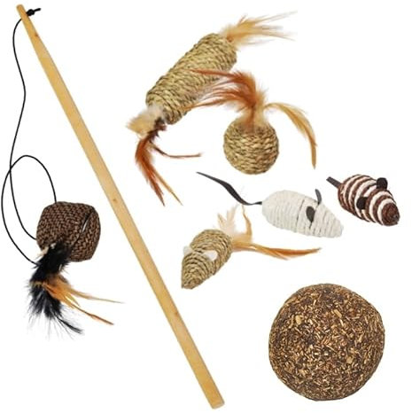VOSS.PET Katzenspielzeug Set: 4 Teile ECO Katzenangel Katze Spielzeug Bälle Maus Sisal
