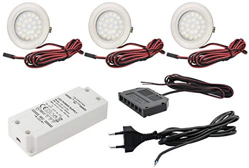 JungesLicht 3er Set Möbel Einbaustrahler Farbe: Edelstahl gebürstet, 2Watt LED Leuchtmittel warmweiss 3000Kelvin 200Lumen inkl. LED Trafo, Anschlussstecker und Netzkabel (Komplettset) Möbelleuchte