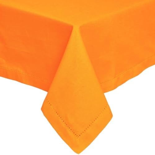 HOMESCAPES Orange Table Cloth, Plain Cotton Tablecloth, Square, Handcrafted & Durable Dining Table Cover with Hem Stitch, Hypoallergenic, Washable, 137 x 137cm