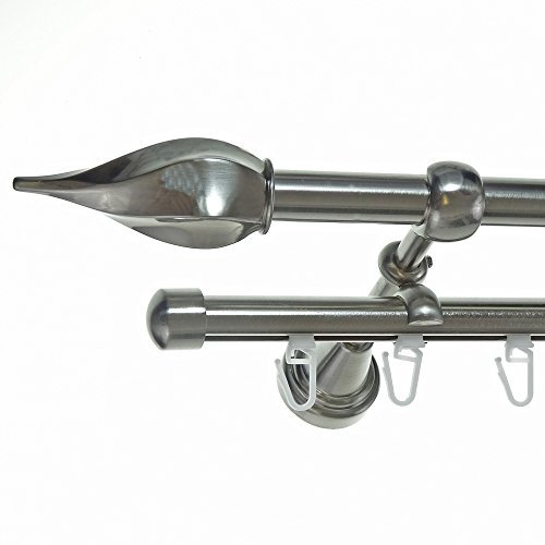 BASIT Rohr + Innenlauf Gardinenstange Wandmontage 2 läufig 320cm lang Edelstahl Look Metall Gardinenstange 2 läufig Wandbefestigung Ø16mm I H14+I