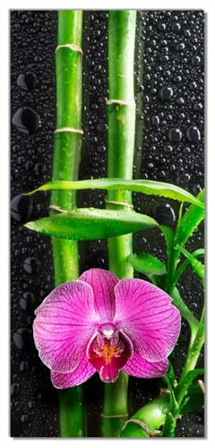 Wallario Selbstklebende Türtapete Bambus und Pinke Orchidee auf schwarzem Glas mit Regentropfen - Türposter 93 x 205 cm Abwischbar, rückstandsfrei zu entfernen
