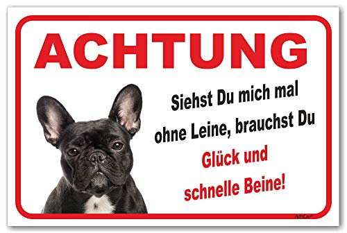 AdriLeo Schild - Vorsicht Schwarze französische Bulldogge - Ohne Leine - (20x30cm) / Achtung Hund Wachhund robust langlebig UV-beständig wetterfestes Warnschild