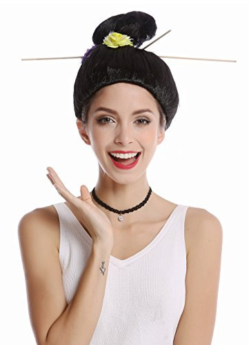 WIG ME UP - WG-7022B-ZA103 Perücke Damenperücke Karneval Halloween Geisha Japan China Asiatin Hochsteckfrisur Schwarz