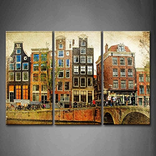 3 Panel Wall Art Amsterdam Retro Styled Picture Bridge River Tree Houses Vehicle Painting Pictures Print On Canvas Architecture The Picture For Home Modern Decoration Piece Wooden Frame Ready To Hang
