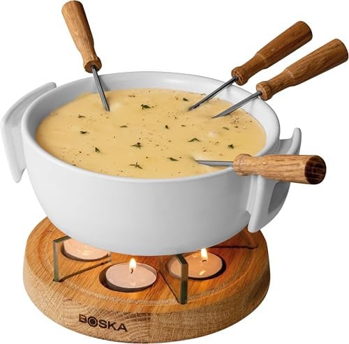 BOSKA Fondue Set Twinkle - Cheese Fondue - Fondue - Ceramic Fondue Pot - Microwave-Safe - Fondue Sets - Incl. 4 Fondue Forks - White - 54 fl oz