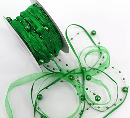 CaPiSo 10m Schleifenband 3-teilig mit Organza und 4mm Perlen Dekoband Trendyband Perlenband Perlen am Band (Grün)