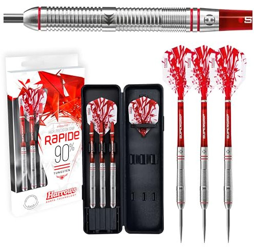 Rapide 90% Tungsten Darts | Steeldarts-Set mit Tragetasche | 22g, 23g, 24g & 25g | Enthält Supergrip-Schäfte und 100-Mikron-Rapide-Flights