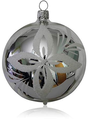 Lauschaer Glas Christbaumkugeln Silber mit weißen Blumen 5 Stück d 6cm Christbaumschmuck Weihnachtsbaumschmuck mundgeblasen handdekoriert
