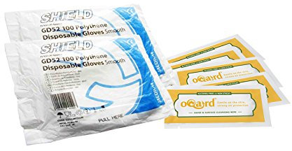 Shield Polythene Disposable Gloves and Oqard Cleansing Wipes (10 pack of gloves, Medium)