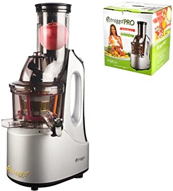 Estraggo PRO Estrattore Professionale a Freddo per Frutta e Verdura, Bocca Extralarge, 240W 60 Giri/Min Estrazione Lenta, Pulizia Facile e Silenzioso, Acciaio Temprato e Rettificato, BPA-Free (Argento)