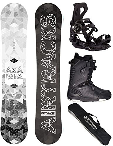 Airtracks Herren Snowboard Set Freestyle Freeride Wide Board Akasha Wide 157 - Snowboard Bindung Master - Softboots Strong ATOP 42 - SB Bag