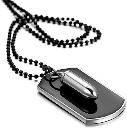 Flongo Herrenkette Männer Anhänger, Legierung Halskette Silber Schwarz Patrone Geschoß Gewehrkugel Kugel Erkennungsmarke Dog Tag Armee Stil Poliert Stammes 27.5 Zoll Kette Herren Accessoires Modell B