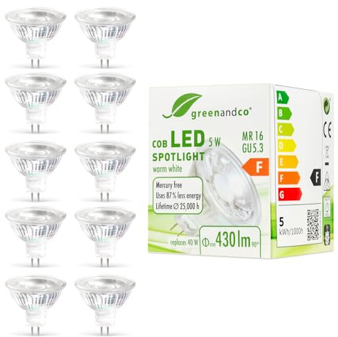 greenandco 10x MR16 GU5.3 | ersetzt 40W | warmweiß 3000K | 5W 430 lm | 38° | flimmerfrei | COB LED Spot | 12V AC/DC | nicht dimmbar