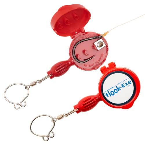 Hook-Eze Fishing Tool - Hook Tying & Safety Device + Line Cutter - Cover Hooks on 2 Poles & Travel Safely fully rigged. Multi function Fishing Device. (RED)