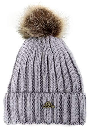 Hellgraue Bommelmütze Frauen Bommel Mütze Damen Wintermütze hell grau BOMBOLEO Bommelmütze hellgrau Damenmütze Bommel grau hell graue Bommel Mütze Wollmütze mit Bommel Kunstfell Pudelmütze Damen