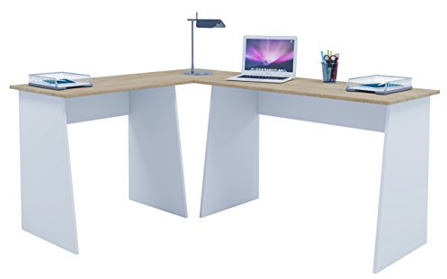 VCM Computertisch | Eckschreibtisch | Maße Gesamtset ca. H. 74 x B. 135 x T. 105 cm | stylische Seitenteile | Schreibtisch – Masola Weiß/Sonoma-Eiche