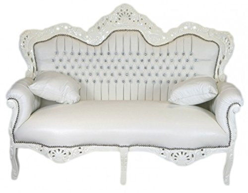 Casa Padrino Barock 2er Sofa Master Weiß Lederoptik/Weiß mit Bling Bling Glitzersteinen - Wohnzimmer Couch Möbel Lounge