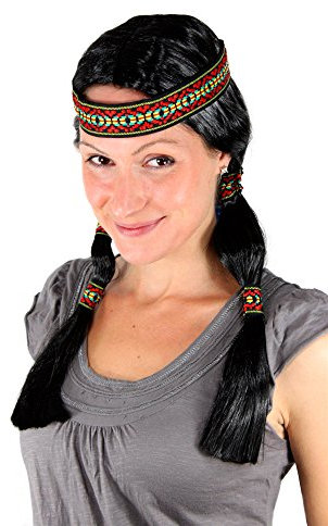 WIG ME UP - LM3043-P103 Party Perücke Indianerin, schwarz, Zöpfe, mit Stirnband