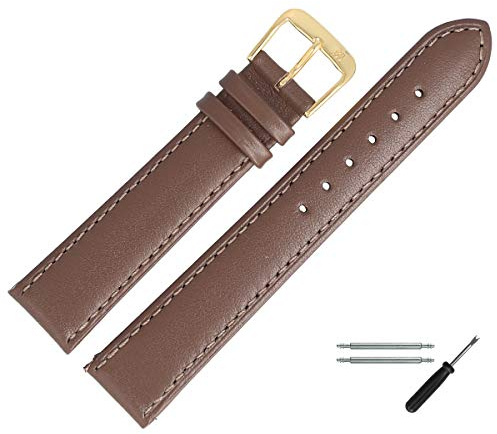 MARBURGER Uhrenarmband 14mm Leder Braun Gold Glatt Mit Naht - Montage Set 8071432000220